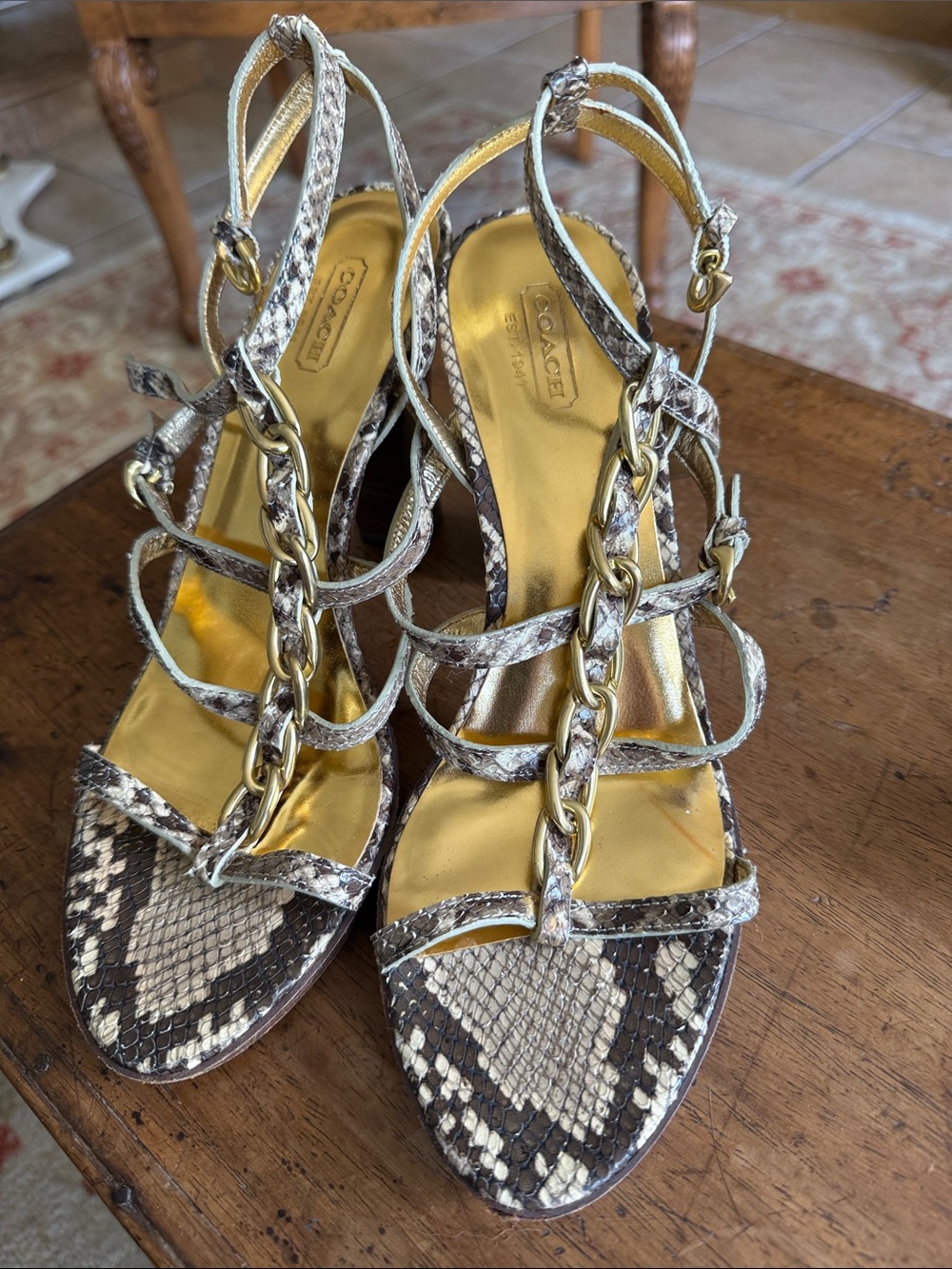 Coach Snake-Print Strappy Heels with Gold Chain Detail